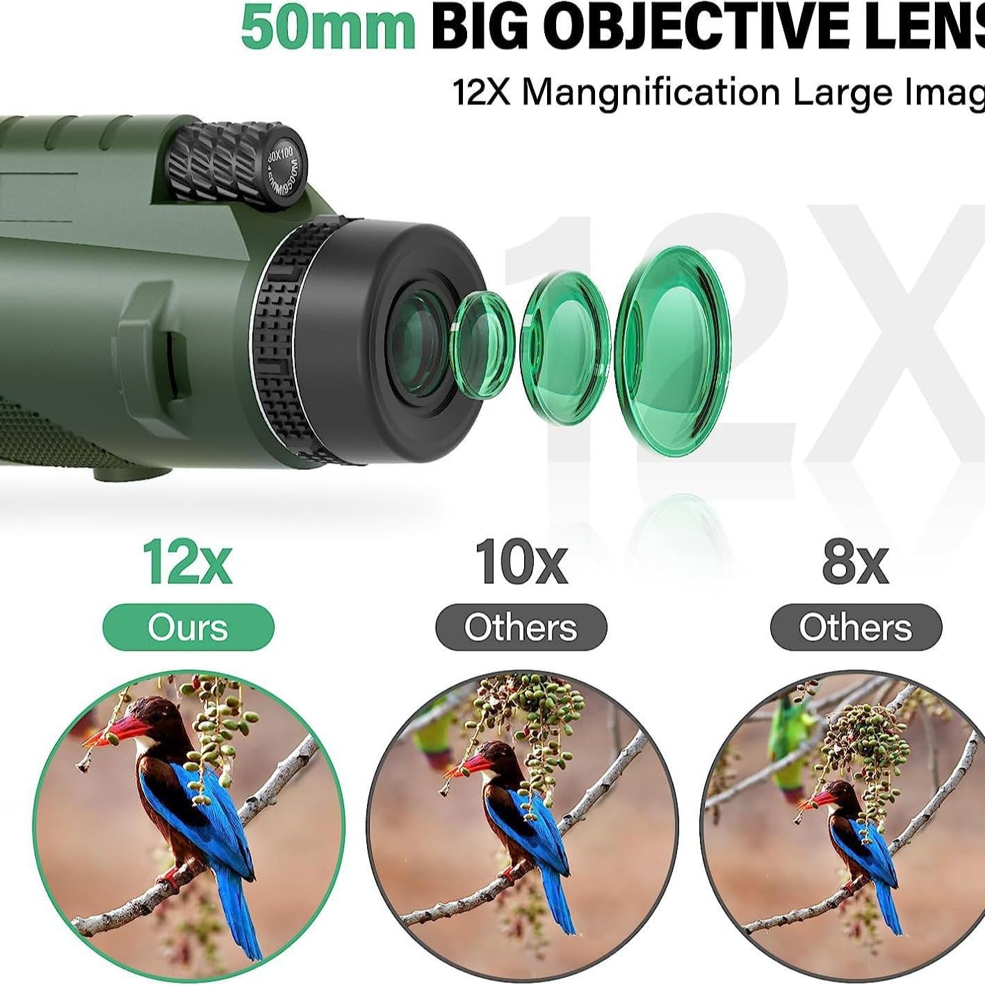 monoculaire 12x50, Télescope Monoculaire, avec Prisme BAK4 et FMC, avec Support pour Smartphone et Trépied de Mise à Niveau, pour la Camping, Chasse,compétitions Sportives