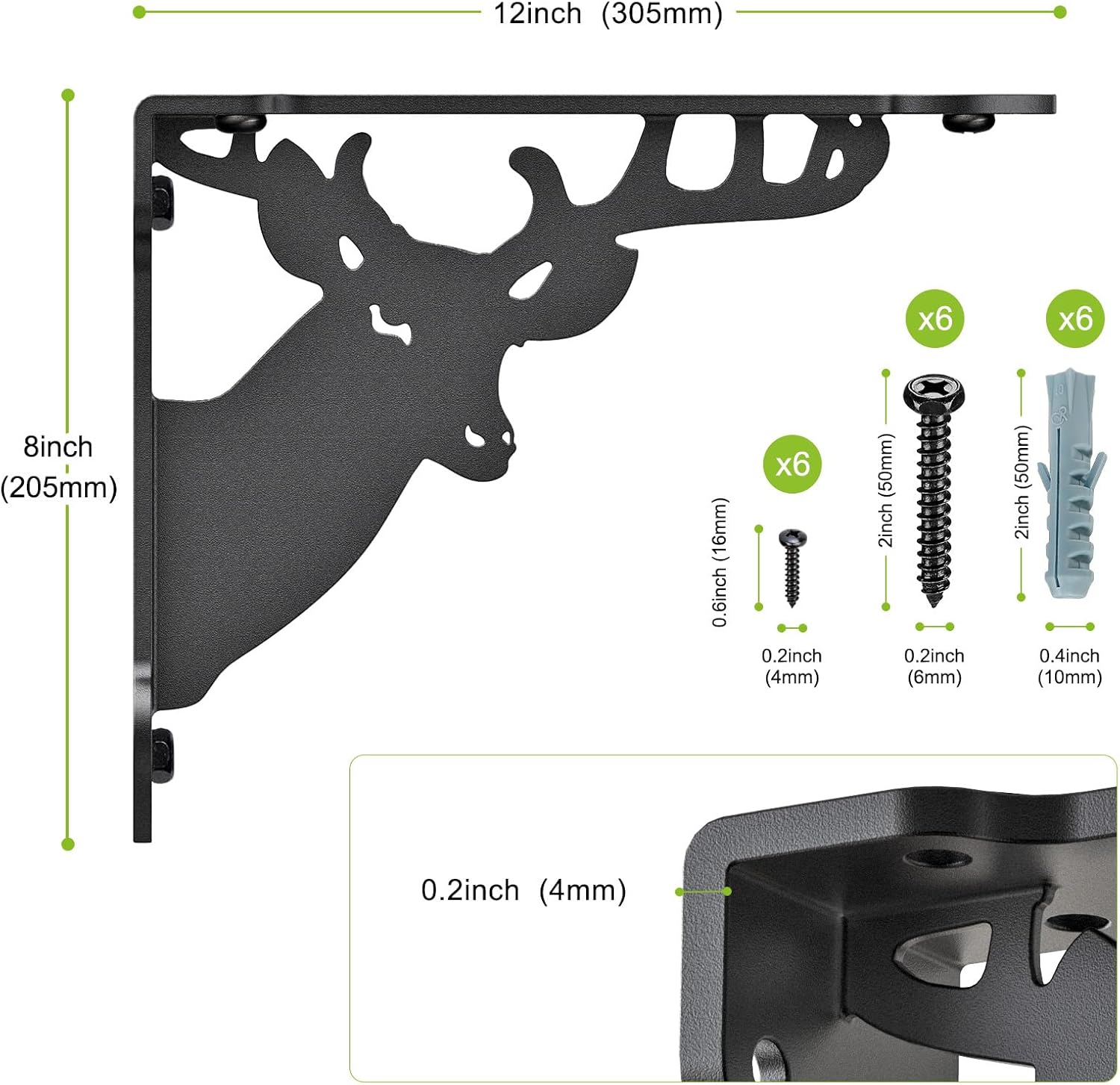 SELEWARE Heavy Duty Shelf Brackets 12 Inch, Deer Shelves Brackets, 300LB Capacity Decorative Metal L Brackets for Floating Shelves, Black Rustic Wall Mount Shelving Bracket with Screws, 2 Pack