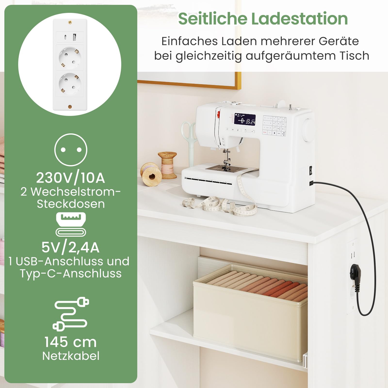GIANTEX Nähtisch mit Ladestation, Nähmaschinentisch klappbar, Nähschrank mit Rollen, Nähmaschinenschrank Holz mit Stauraum, Nähtisch für Nähmaschine, Mehrzwecktisch 116 x 41 x 78 cm (Weiß)