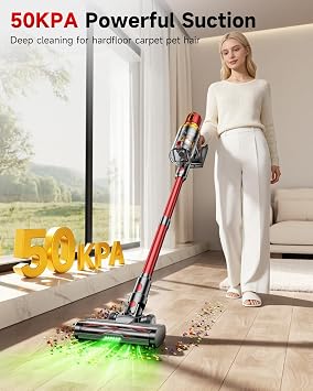 Cordless Vacuum Cleaner, 50Kpa Powerful Stick Vacuum, Up to 65 Mins Runtime, Anti-Tangle V-Shaped Brush, Auto-Scrap Dust, Self-Standing Vacuum Cleaner for Home for Carpet, Hardwood Floor, Pet Hair