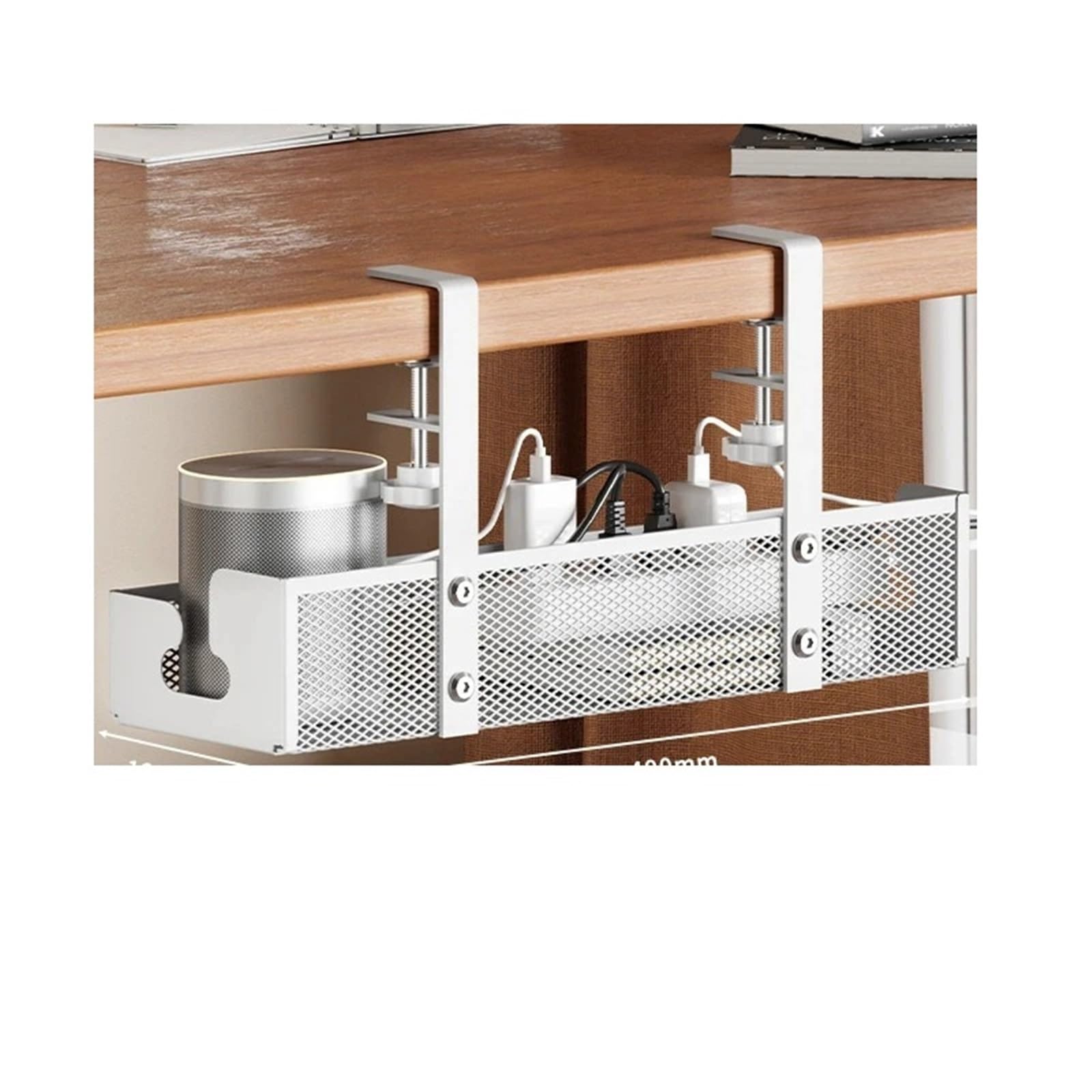 Bandeja Gestion Cables Estante de almacenamiento debajo la Mesa, bandeja gestión cables Metal, organizador for escritorio oficina en casa, accesorios cocina sin perforación(White M 34cm)
