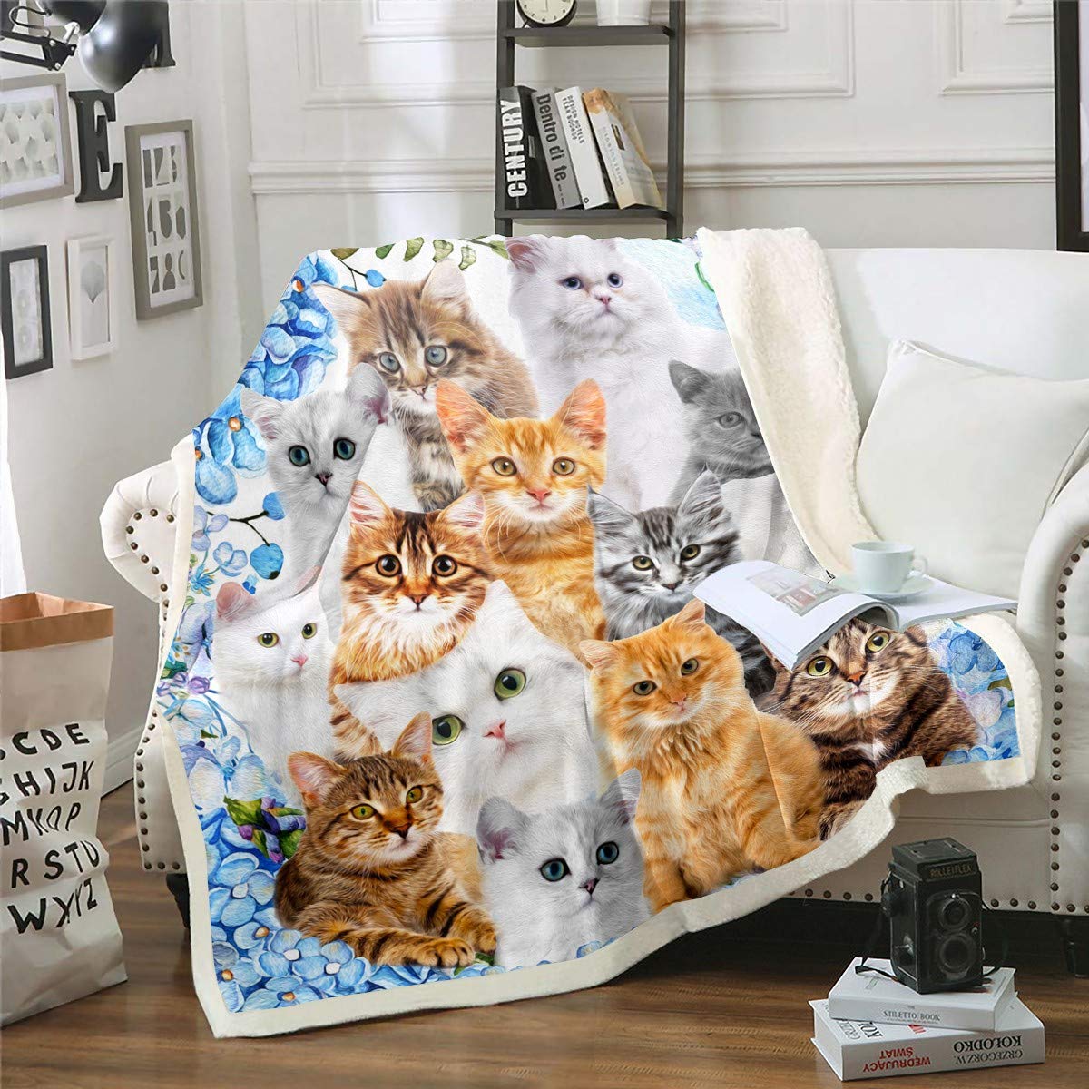 Cat Kids Cute Cartoon Kitten Sherpa Blanket Warmth Funny Cats Animal Fleece Throw Blanket for Cat Lovers Breed Collage Pet Vintage Decor for Sofa Bed Couch,King 87x94 Inch — image 1