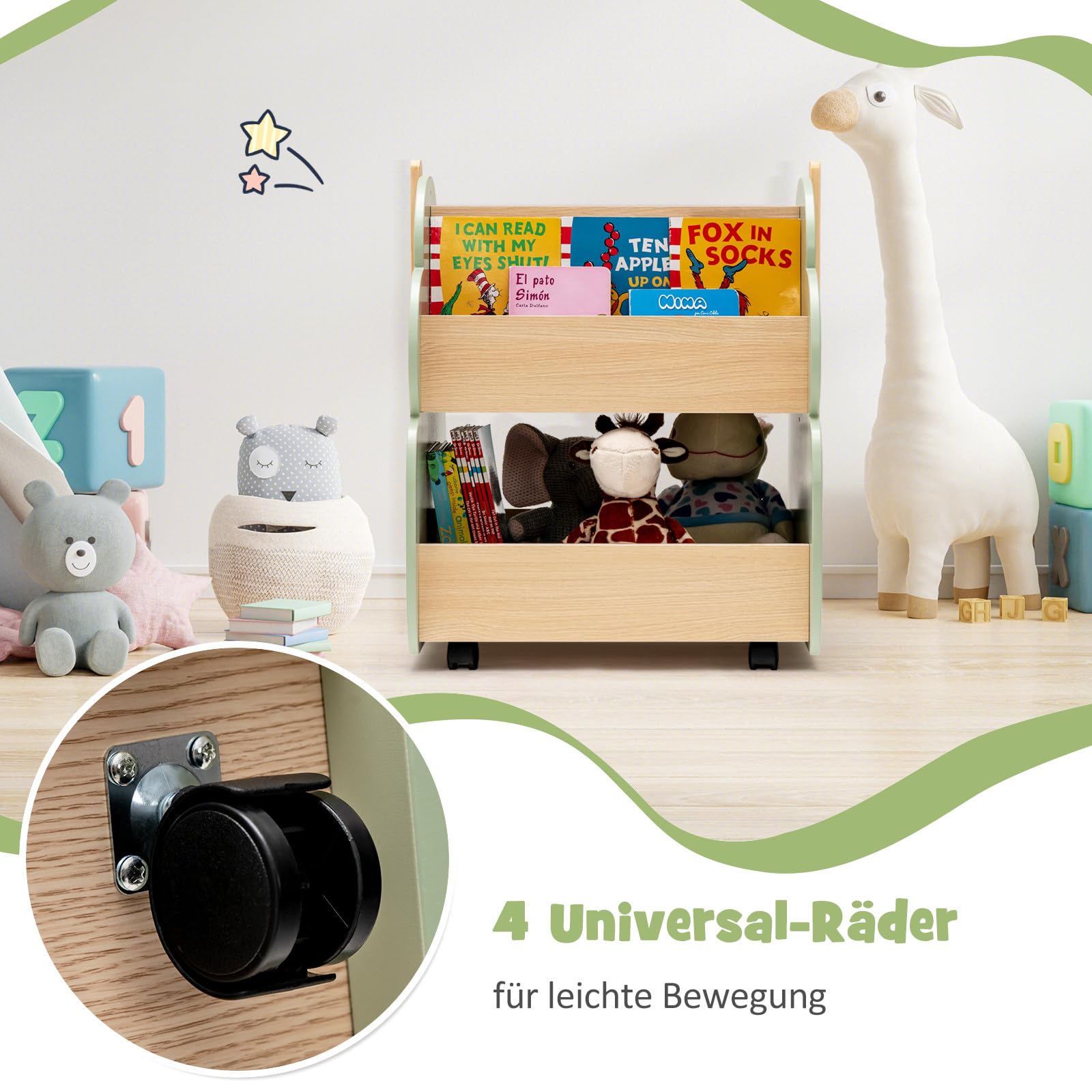 DREAMADE Kinder Bücherregal Kinderregal mit 3 offener Ablage, Spielzeug-Organizer, Spielzeugkiste mit Räder für Bücher und Spielzeug, für Kinderzimmer & Kindergarten 52x46x62,5 cm (Grün)