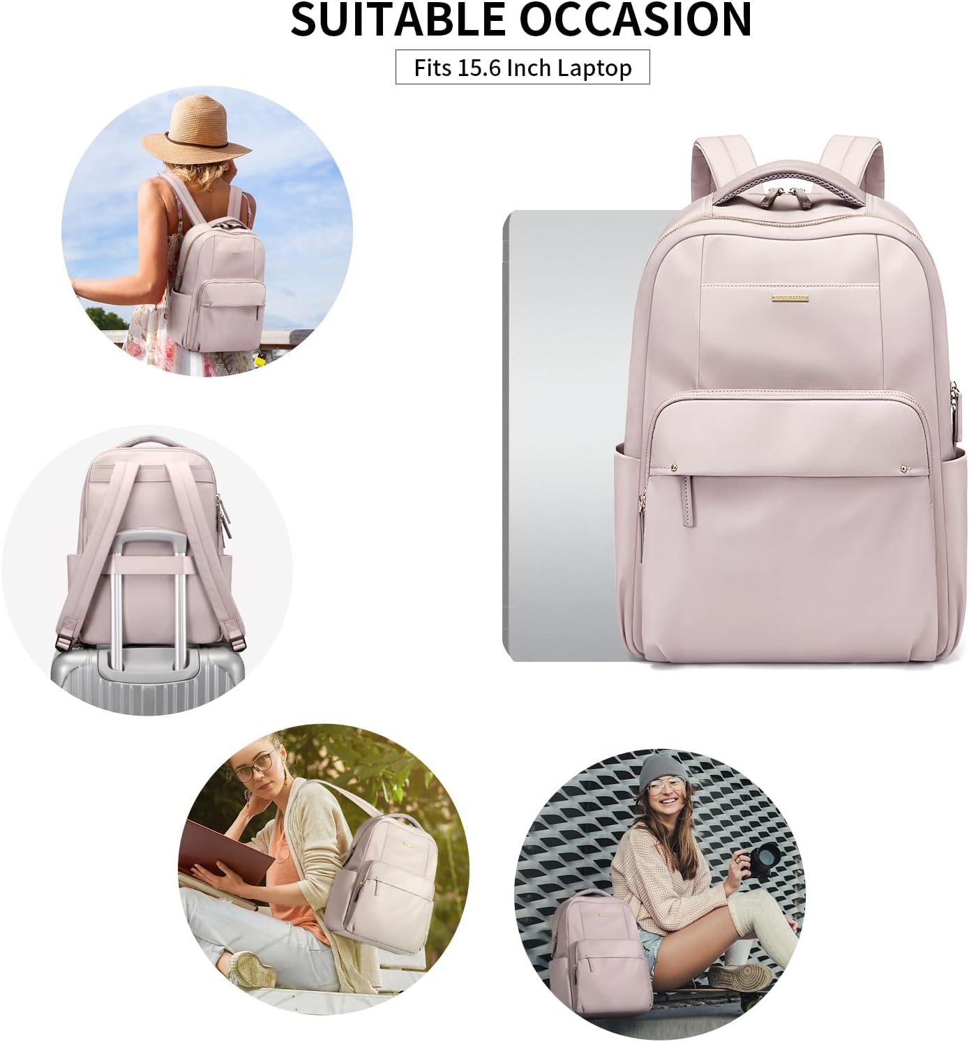 GOLF SUPAGS Laptop Backpack for Women Computer Bag Casual Daypack Fits 15.6 Inch Notebook Work Travel Backpacks (Pinkish Grey) - Image 6