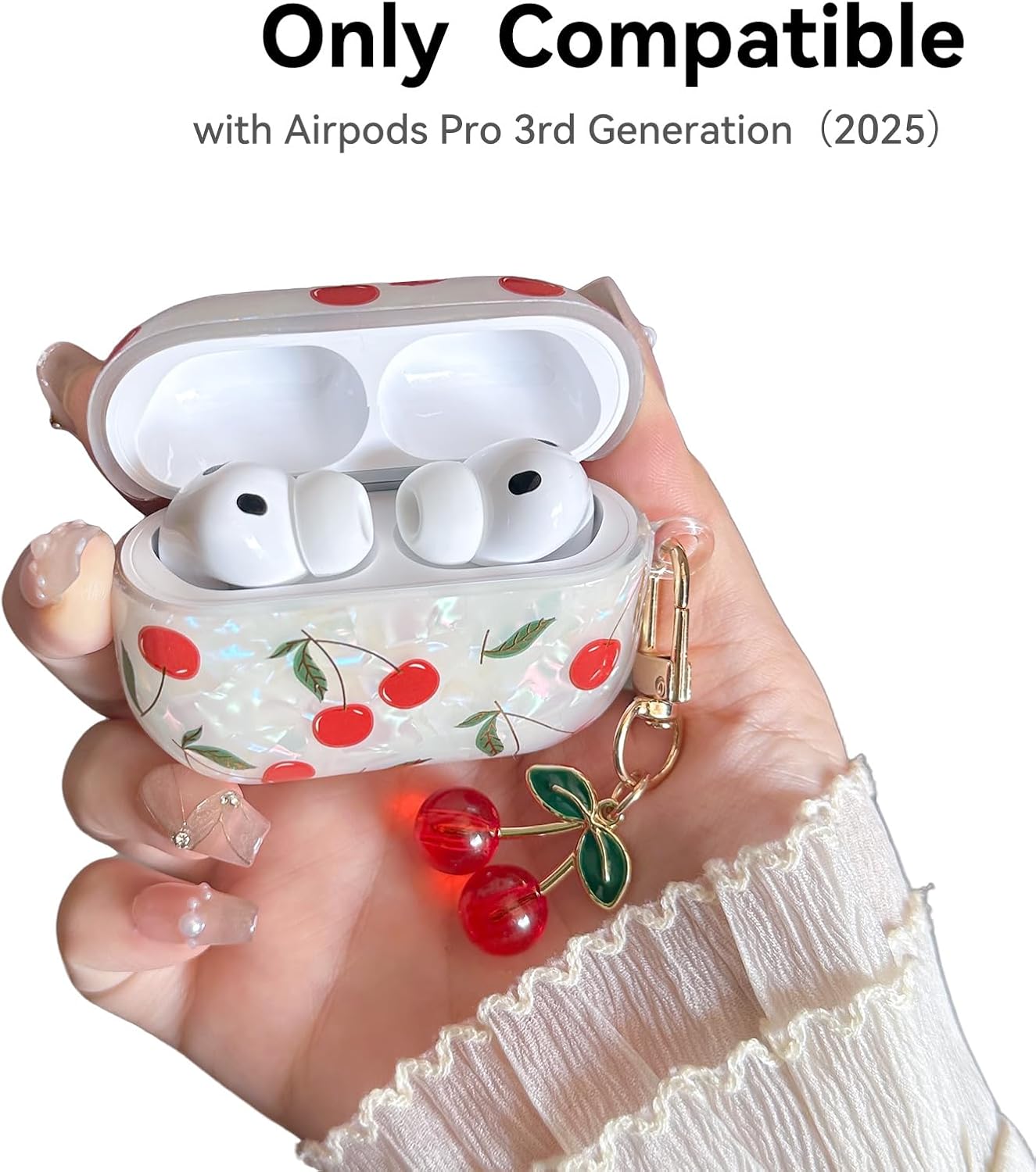 Compatible with AirPods Pro 3 Case, Cute Pretty Aesthetic AirPod Pro 3 Case Cover with Cherry Keychain, Premium TPU Protective Shockproof Case for Women Girl