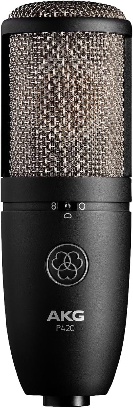 AKG Pro Audio P420 Multi-Pattern Condenser Microphone with Shock Mount and Case. Great for ensemble recording, grand piano, woodwind, brass instruments, drums and percussion. Black and Gold.