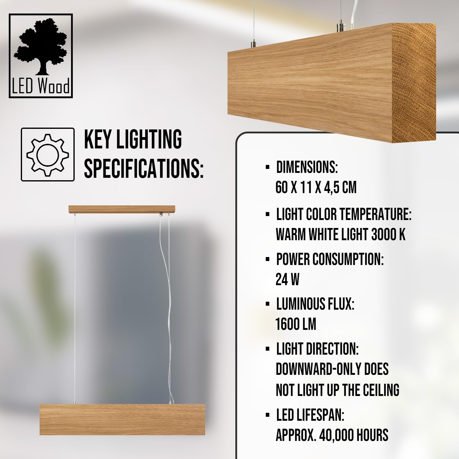 LED Wood Drewniana lampa wisząca z dębu 60 cm – Ręcznie wykonana lampa wisząca nad stół jadalniany –Lampa do jadalni, salonu i kuchni – 24W 1600 lm Ciepłe białe światło 3000 K