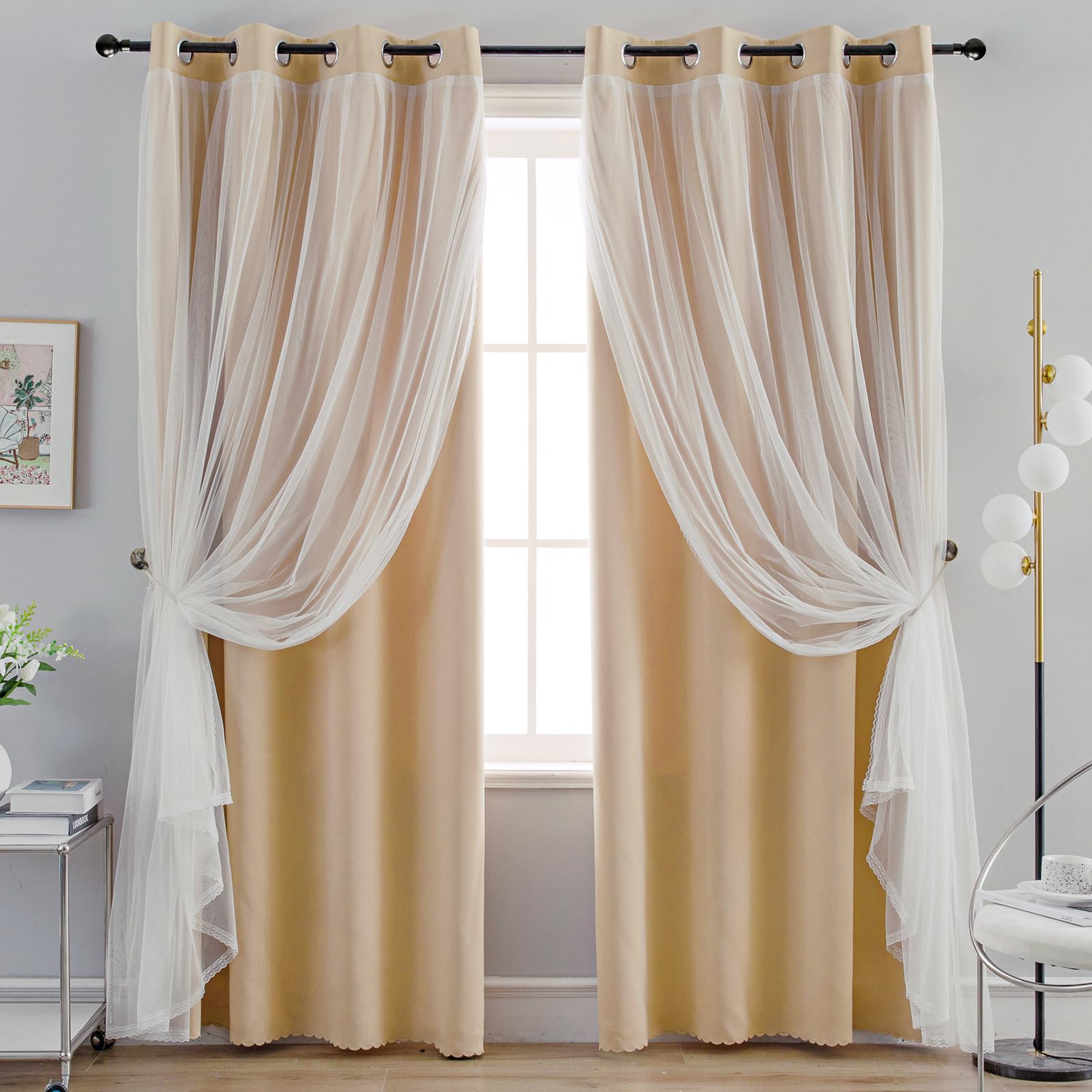 anytime home curtains blackout and sheer layered solid window curtain panel pair with grommet top, 52wx84l,beige