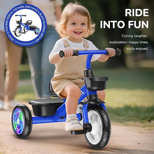 Miniatura 5 de Umatoll Triciclo para niños pequeños de 2 a 5 años, bicicleta ajustable para niños y niñas de 2 a 4 años, triciclo con ruedas iluminadas, azul