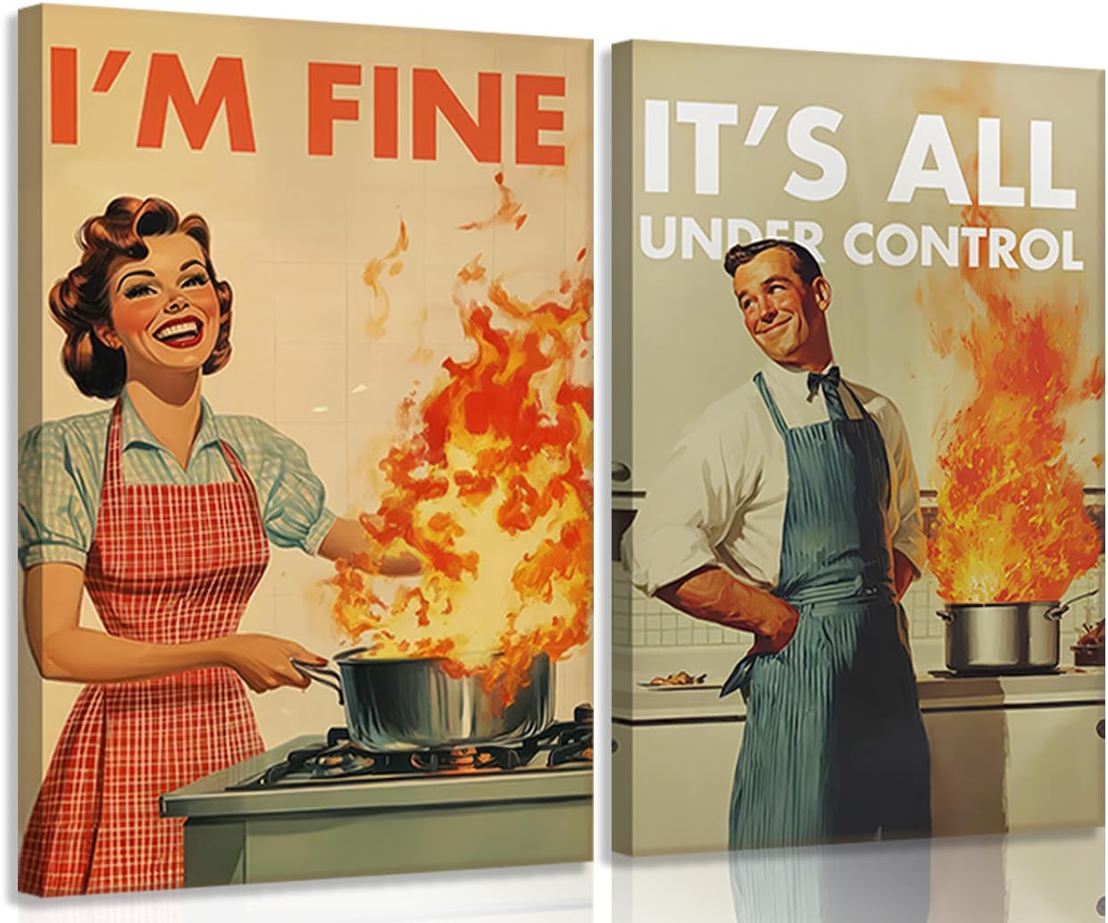 Funny Vintage Kitchen Canvas Wall Art Humorous 50s Cooking Pictures Wall Decor I'm Fine Housewife Posters Chef Baking Painting Print Artwork for Dining Room Restaurant Cafe Bakery Decor, Framed