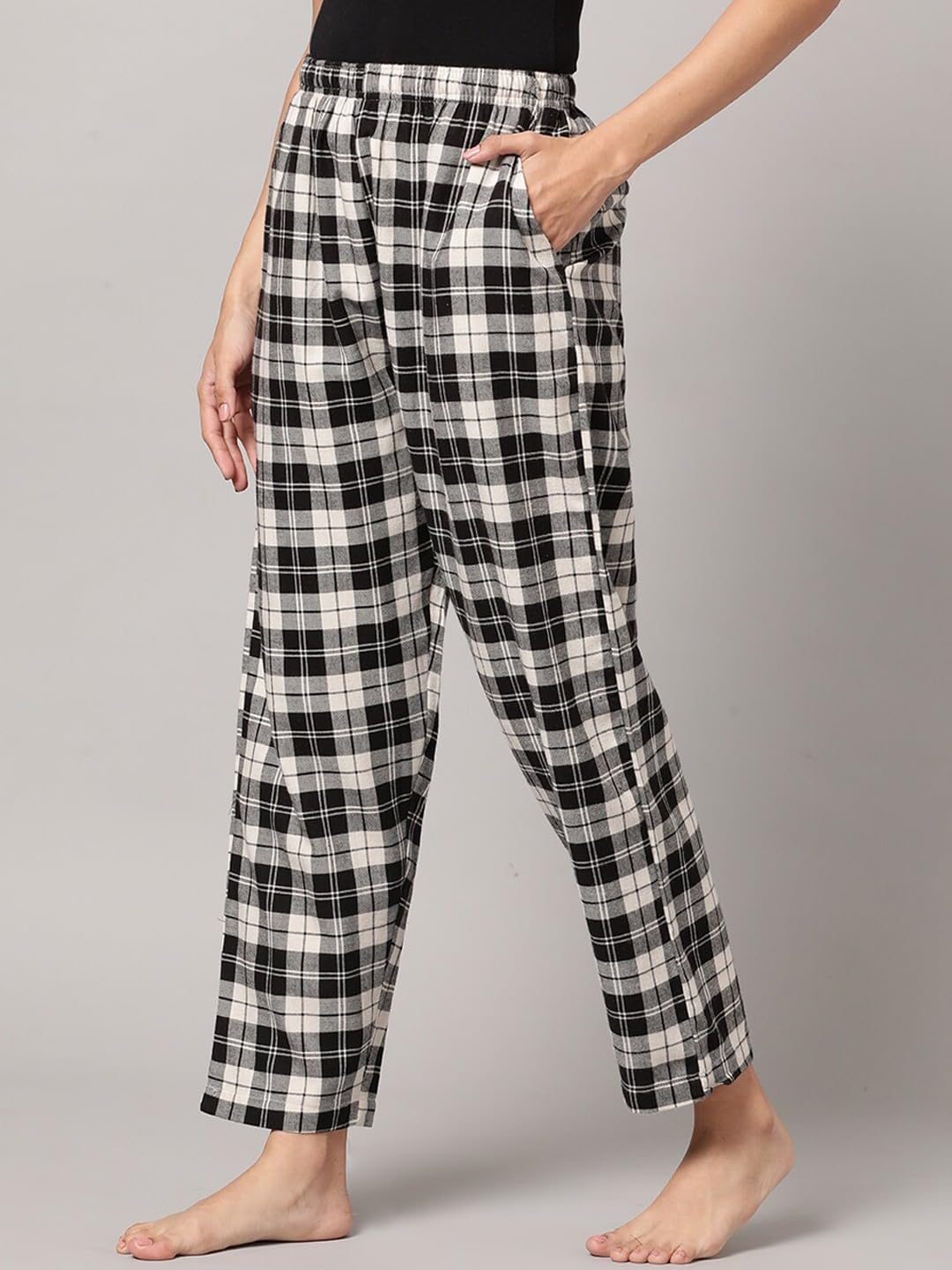 KRYPTIC Women Black/Cream Checked Lounge Pyjama - Pure Cotton, Relaxed fit, Ultra Soft(Black/Cream ;XL) - Image 2 thumbnail