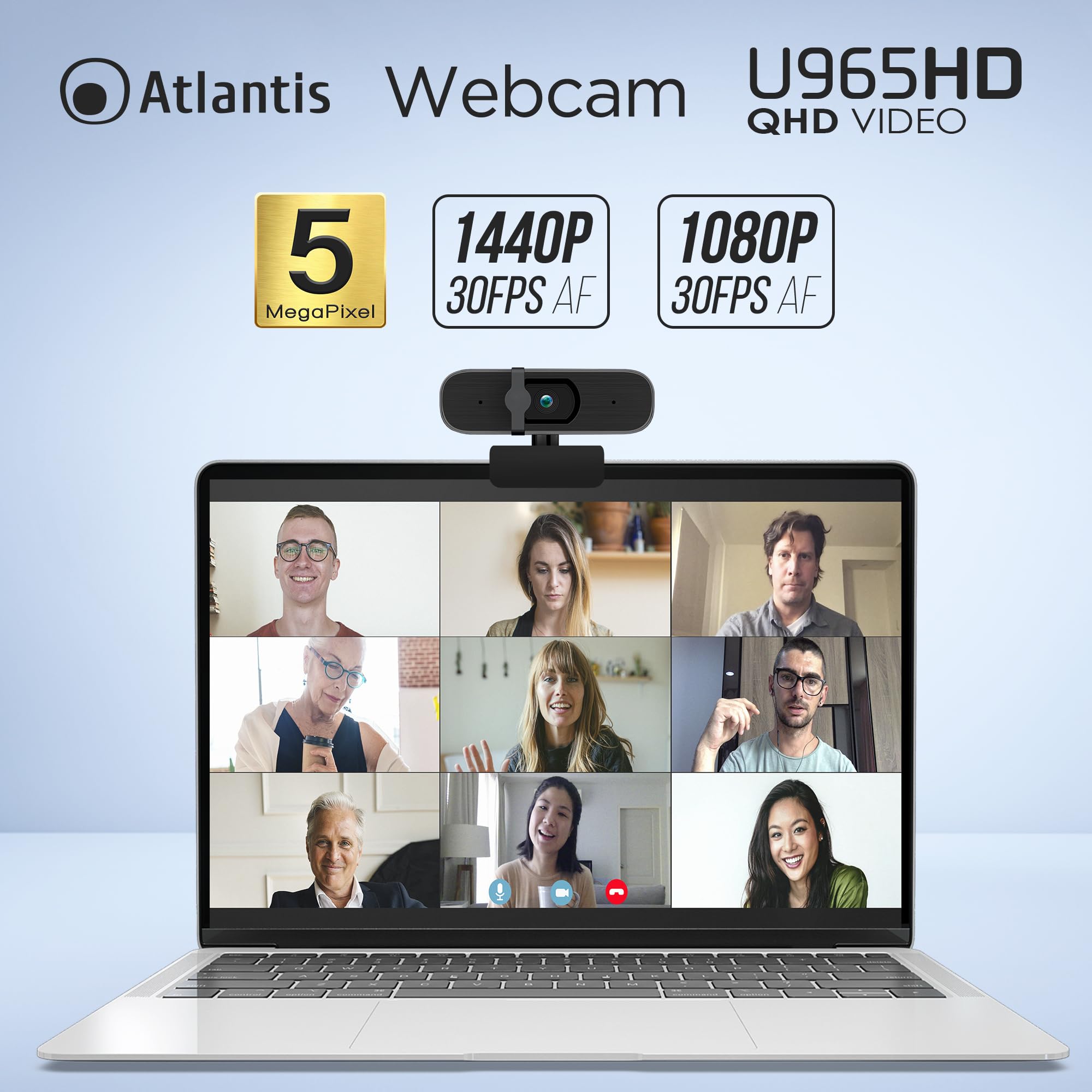 ATLANTIS Kamera internetowa 2K, 5 mpikseli 2560 x 1944/30 fps i Full HD, autofokus autofokus, podwójny mikrofon dookólny, balans bieli, kąt widzenia 90°, nadaje się do połączeń wideo, USB,