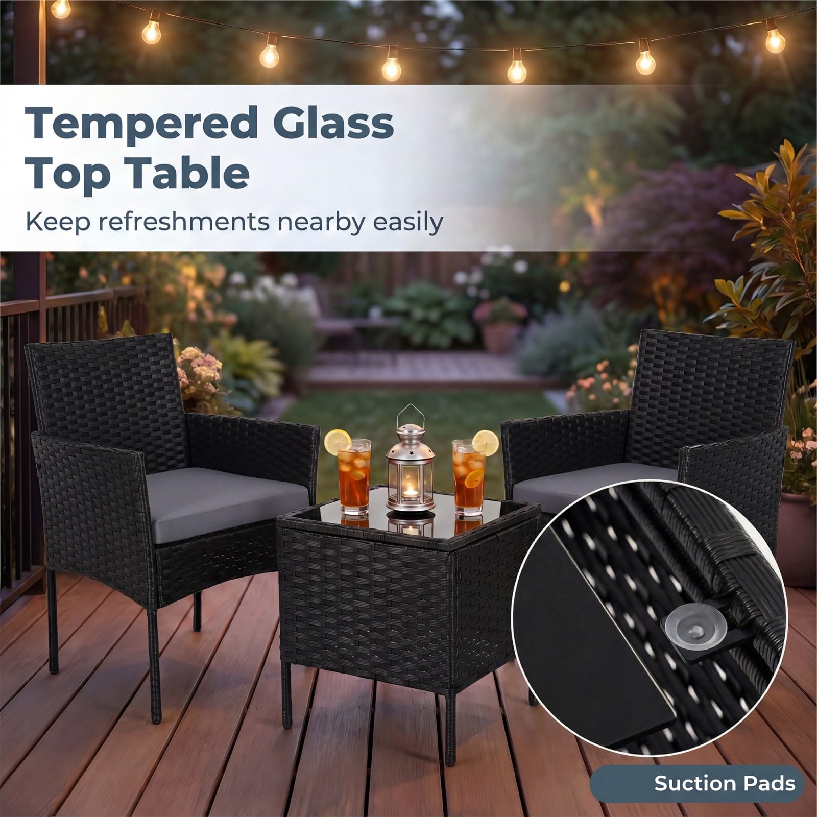 GIANTEX Juego de Muebles Jardín 3 Piezas, 2 Sillones con Cojines Extraíbles y Mesa Auxiliar de Vidrio, para 2 Personas, Muebles de Ratán Exterior para Patio, Balcón, Terraza (Gris)