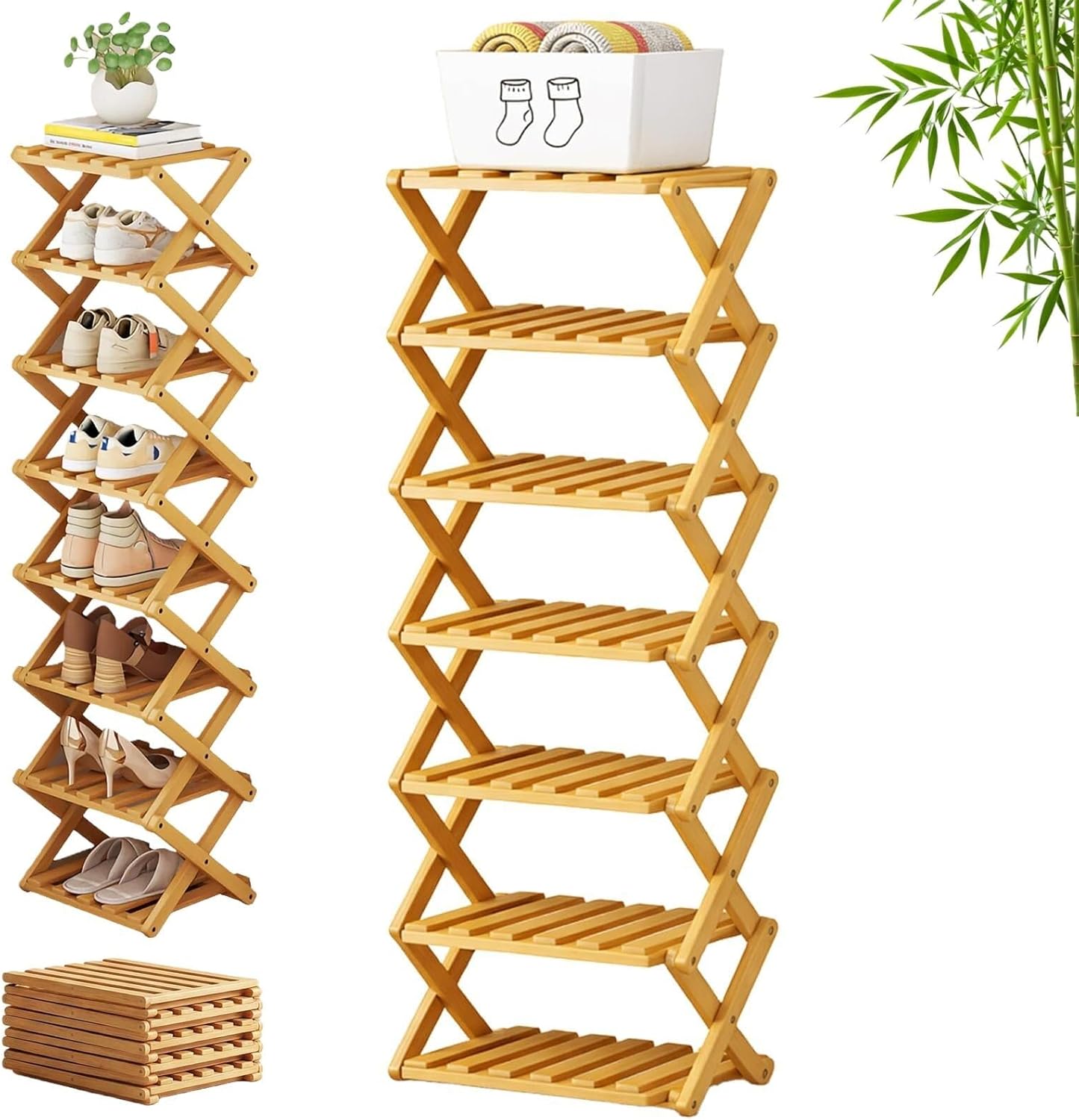 The 9-Tier No-Assembly Bamboo Rack, 3-9 Tiers Bamboo Shoe Rack, Foldable Bamboo Vertical Shoe Organizer, Multifunctional & Space-Saving, for Entryway, Closet, Corner, Bedroom, Hallway (Wood, 3Tiers)