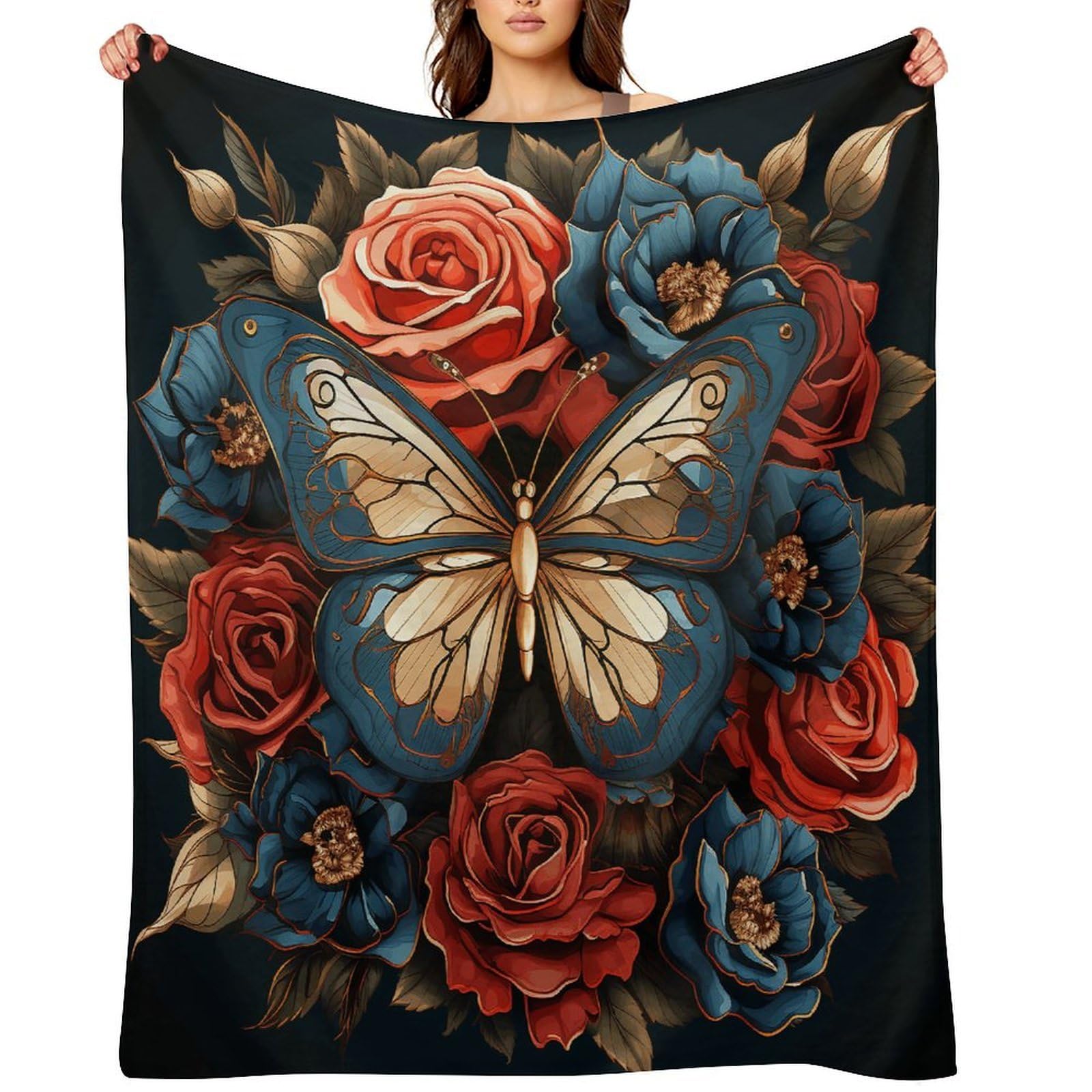 Flannel Fleece Throw Blanket - 40"x50" Super Soft Plush,Lightweight Wrinkle Resistant Cozy Butterflies and Roses Blanket for Couch Sofa Bed Travel Camping and Gift