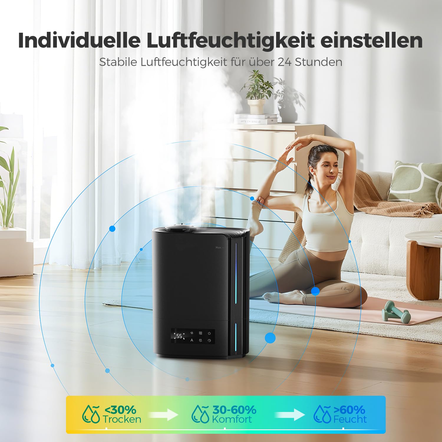 AROEVE 6L Luftbefeuchter Ultraschall Top-Fill Aroma Diffusor 60h leise intelligente Luftfeuchtigkeitskontrolle Schwarz