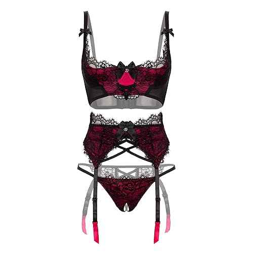 Lovehoney Lingerie Women's Boudoir Belle Quarter Cup Bra Set - With Suspender Belt & G String - Sizes: 6-16 - S - Black