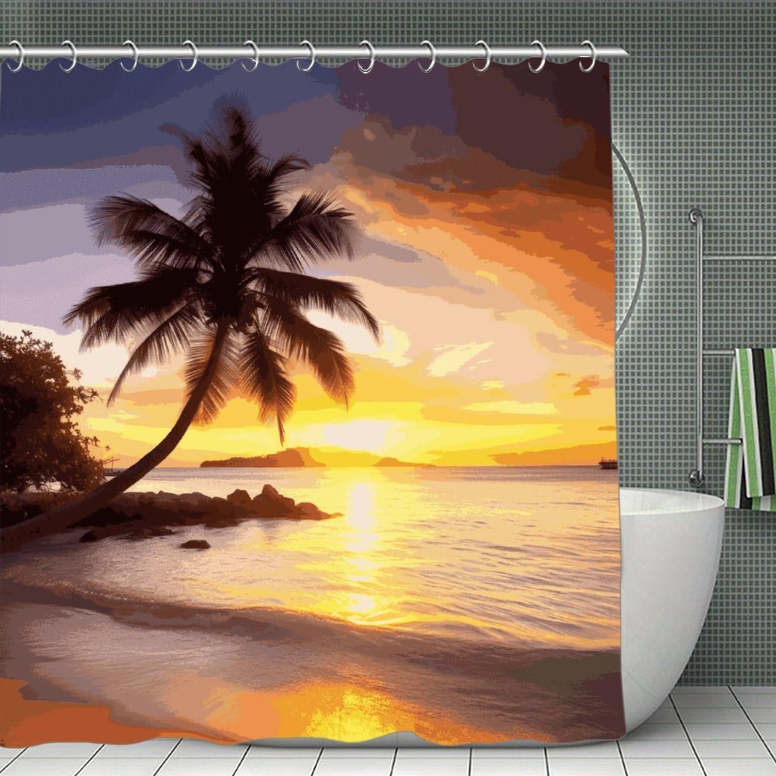 MUSM Sunrise Tropical Palm Tree Island Shower Curtain with Hooks Durable Thick Waterproof Bathroom Shower Curtains Fashion Funny Magic Decor Bath Curtains for Bathtub Shower Partition 71"x71"