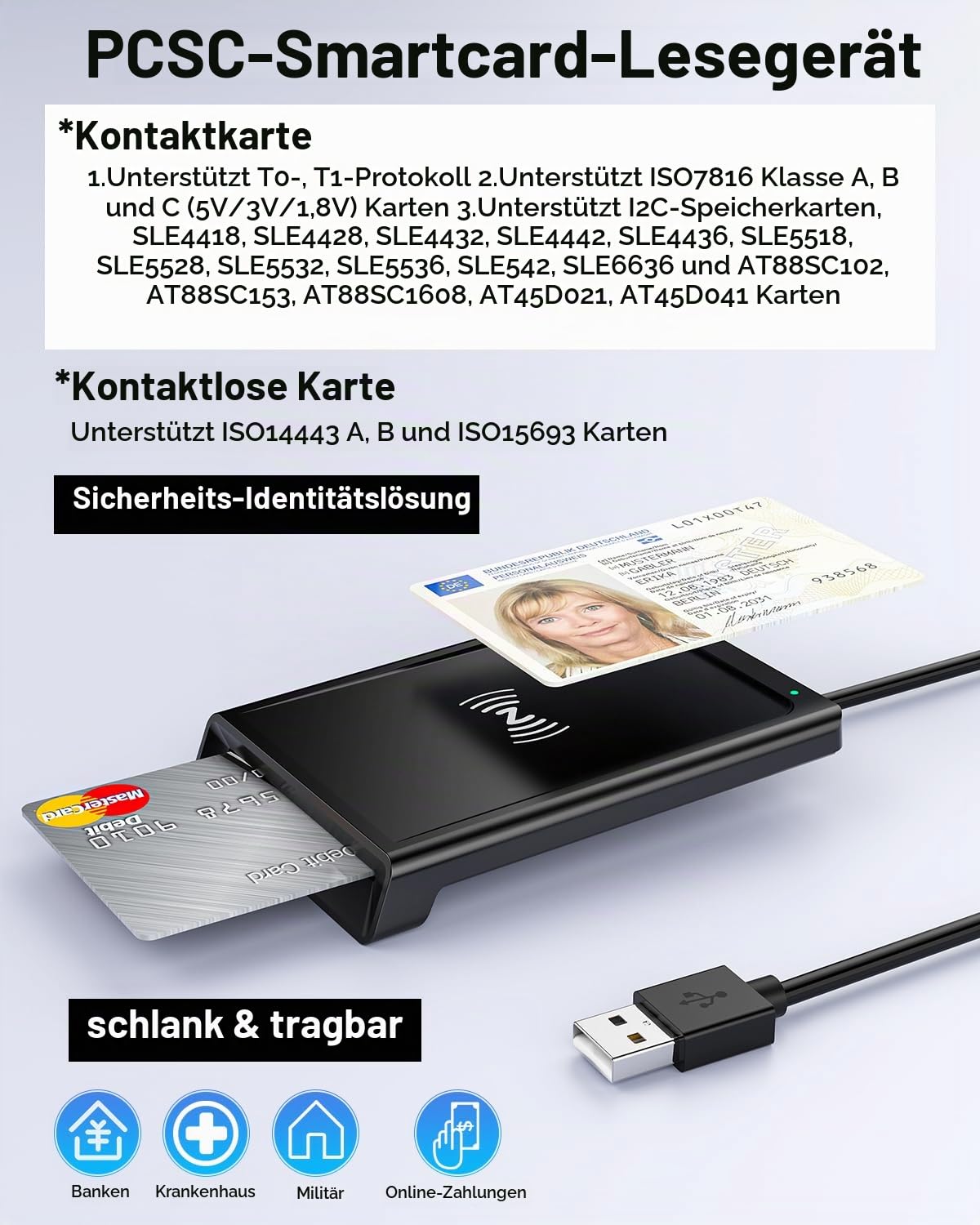 USB Chipkartenleser mit NFC,Personalausweis Lesegerät Chipkartenlesegerät Smart Card Reader NFC Lesegerät Kompatibel mit PC Windows 10 11 Linux für den neuen Personalausweis Bankkarten