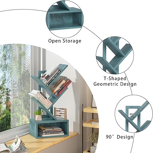 Miniatura 5 de Estantería para libros de árbol pequeño, estantería de árbol negro de 5 niveles, estantería de escritorio azul, estantería de almacenamiento de