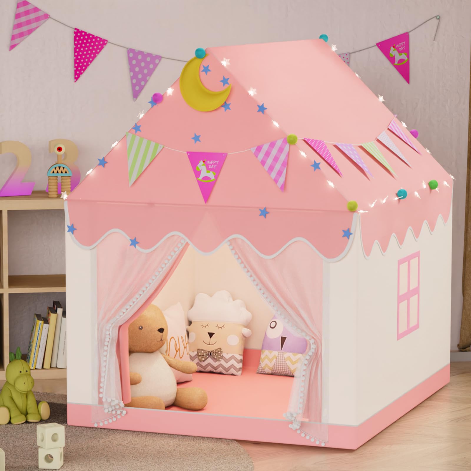 2 IN 1 Kinderzelt, Spielzelt für Kinder mit LED-Lichtern und Dekoration, Spielzelt für Drinnen,Kinderspielhaus in Form eines Hauses,Kinderzelt Spielhaus Kinder Indoor