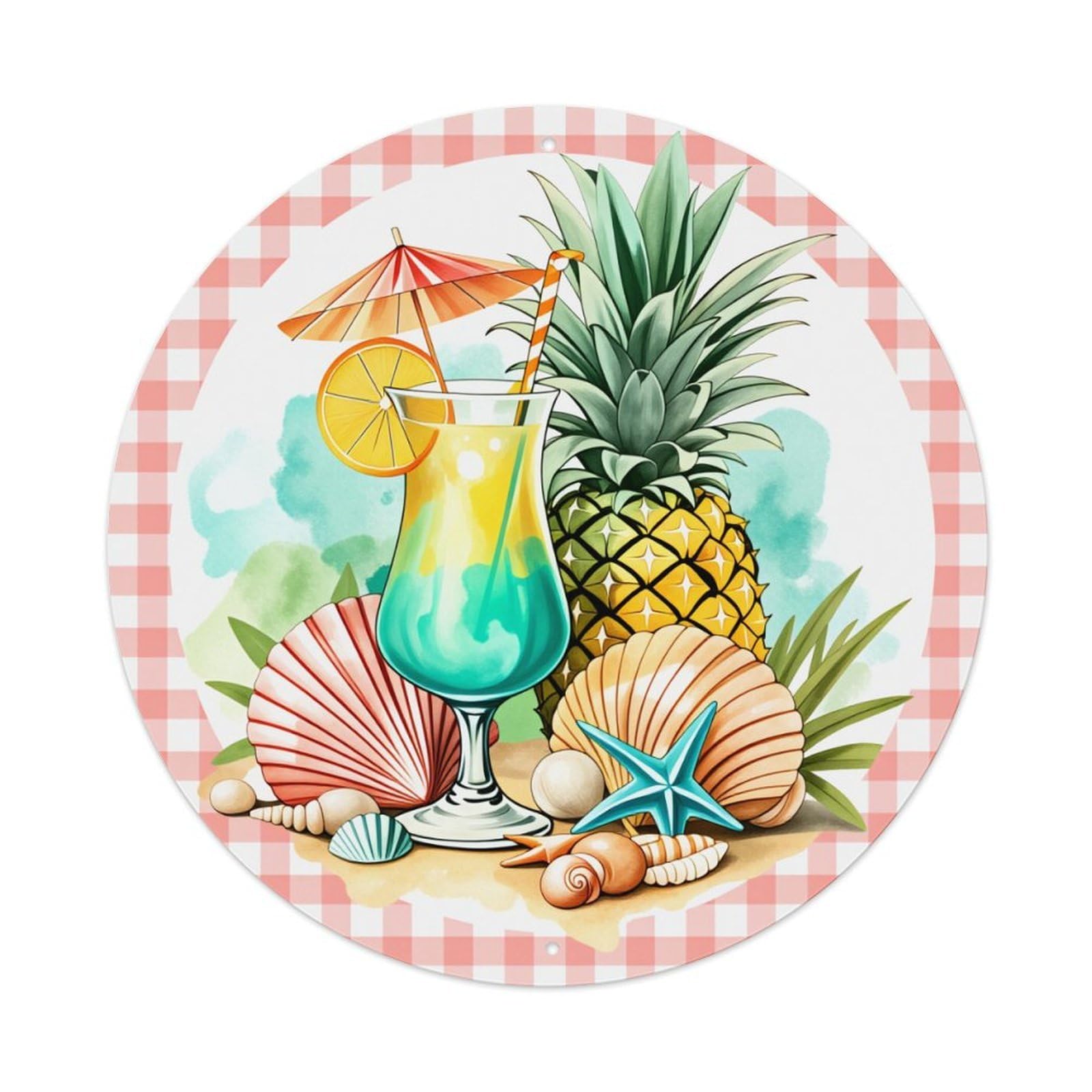 Tropical Cocktail Pineapple Seashells Starfish Round Tin Sign Vintage Metal Poster Retro Bar, Home, Man Cave, Kitchen, Laundry Room Wall Art Decor Gift 8x8In