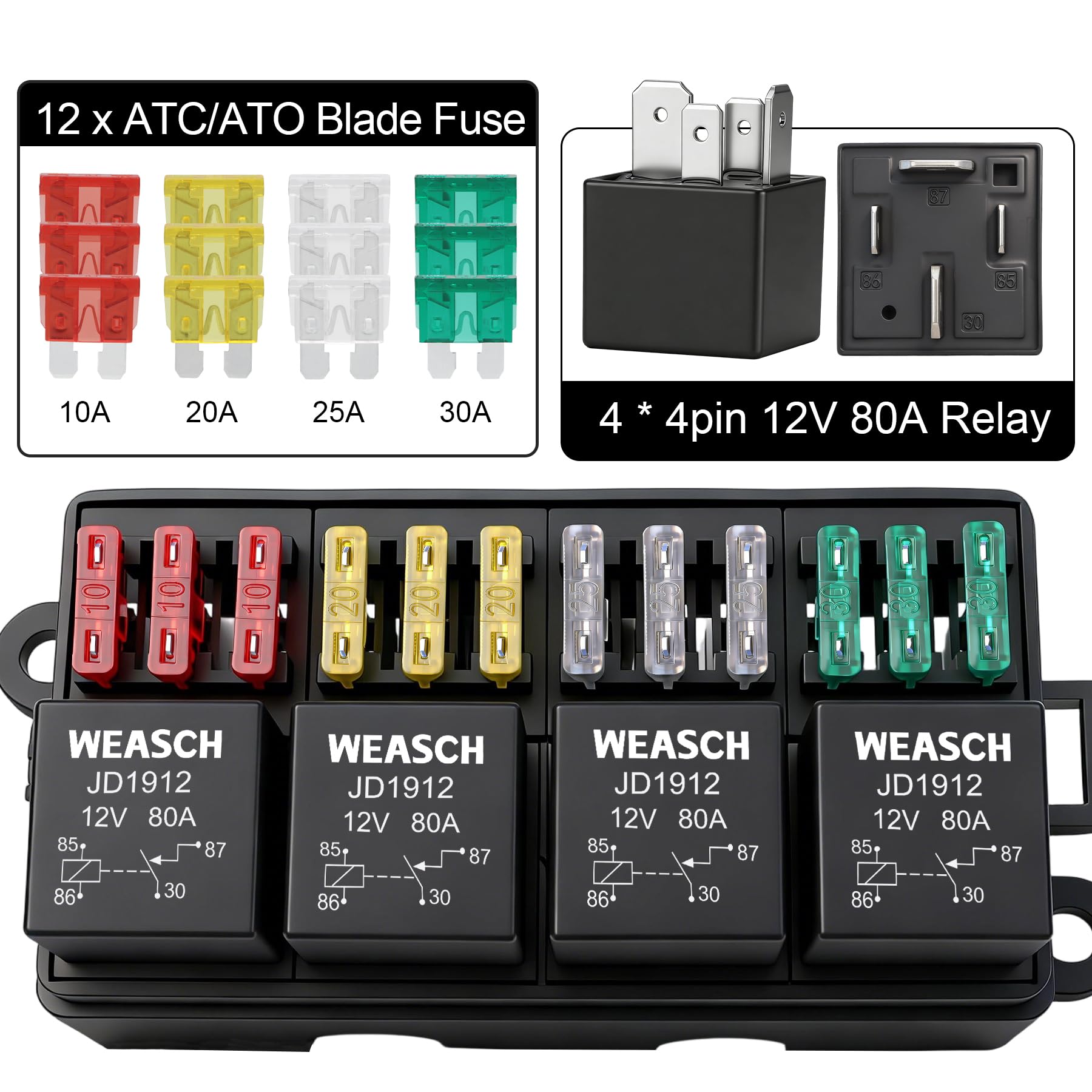 Scatola di fusibili e relè 12 V, relè 4 x 4 poli 80A e 12 fusibili ATC/ATO, per auto, camion e jeep