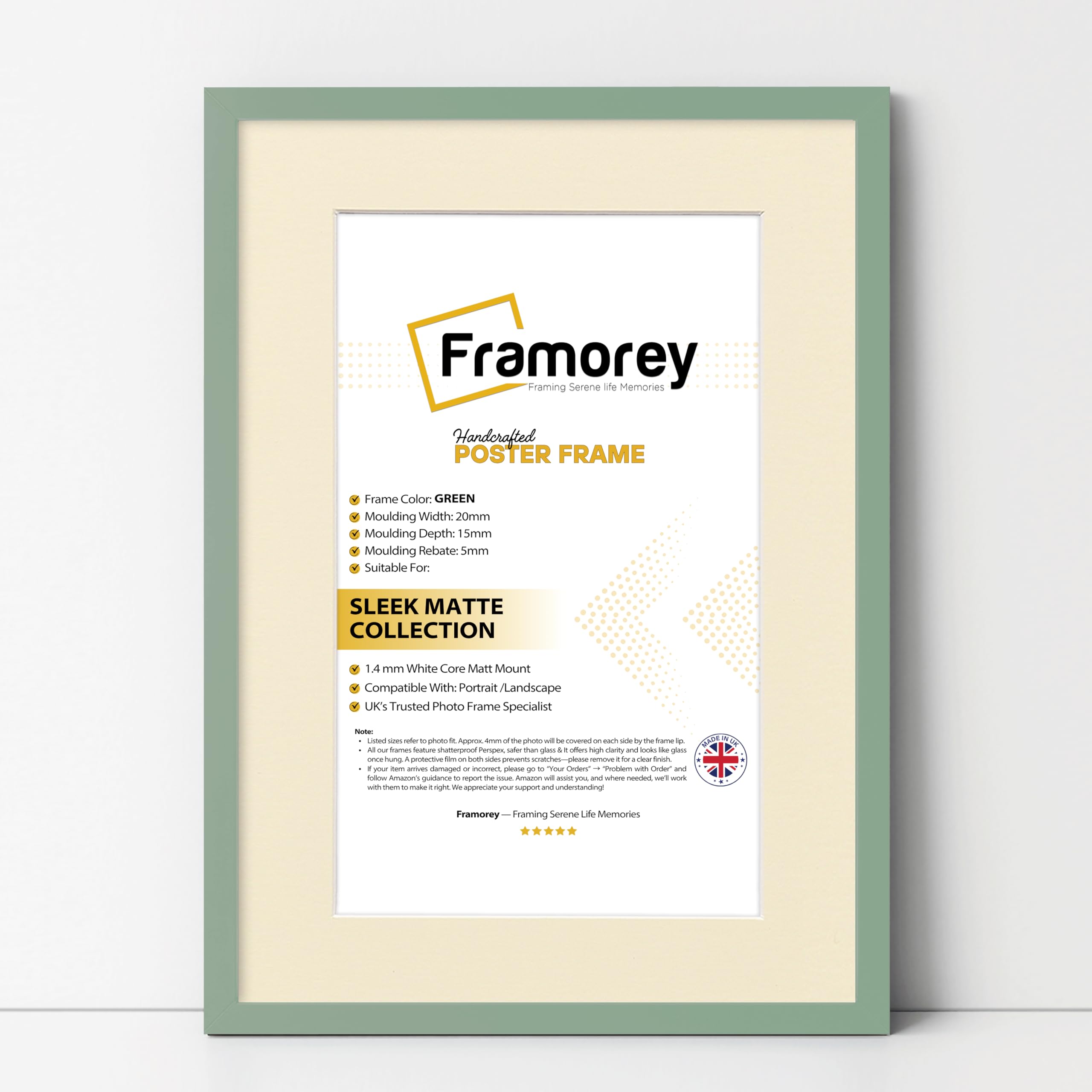 FRAMOREY Thin Matt Green Photo Frames 20x16" Size Picture Frame With 16x12" Size Ivory Mount, Flat Wooden Effect Photo Frames, Home Décor Wall Art Poster Frame