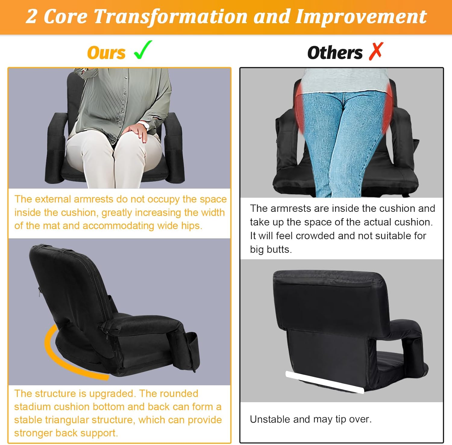 Stadium Seats for Bleachers with Upgraded Armrests and Strong Back Support, Bleacher Seats with Extra Wide Cushion, 6.6LBS Lightweight, 6 Reclining Positions, Floor Chair for Indoor Outdoor (Black)