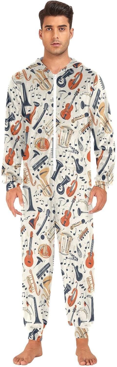 ZZKKO Vintage Musical Instrument Adult Onesie Pajamas for Women Men Cozy One Piece Pajamas Costume Zip-Up Hooded S-XL