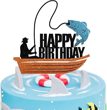 Gone Fishing Happy Birthday Cake Decoration, Fisherman Angling Cake Topper Birthday Glitter Party Decorations