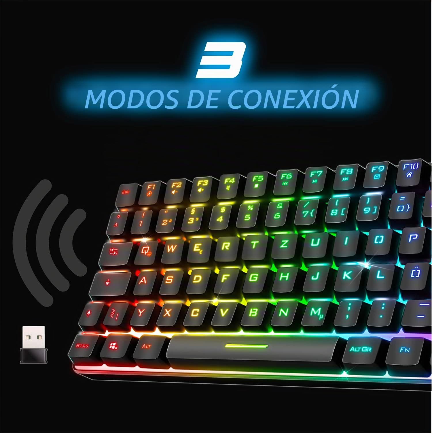 SPIRIT OF GAMER Teclado Inalámbrico Bluetooth TKL RGB QWERTZ | Teclas semimecánicas con retroiluminación 25 anti-ghosting | Compatible PC Smartphone Tablet