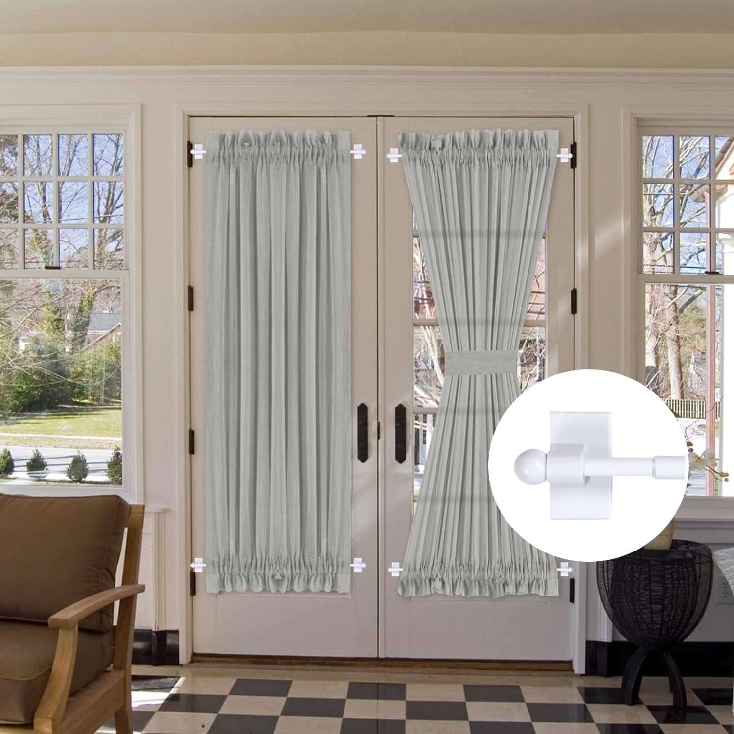 H.VERSAILTEX 2 PACK 16 To 28 White Magnetic Curtain Rods Bundle Ash 72 inches Linen French Door Curtains