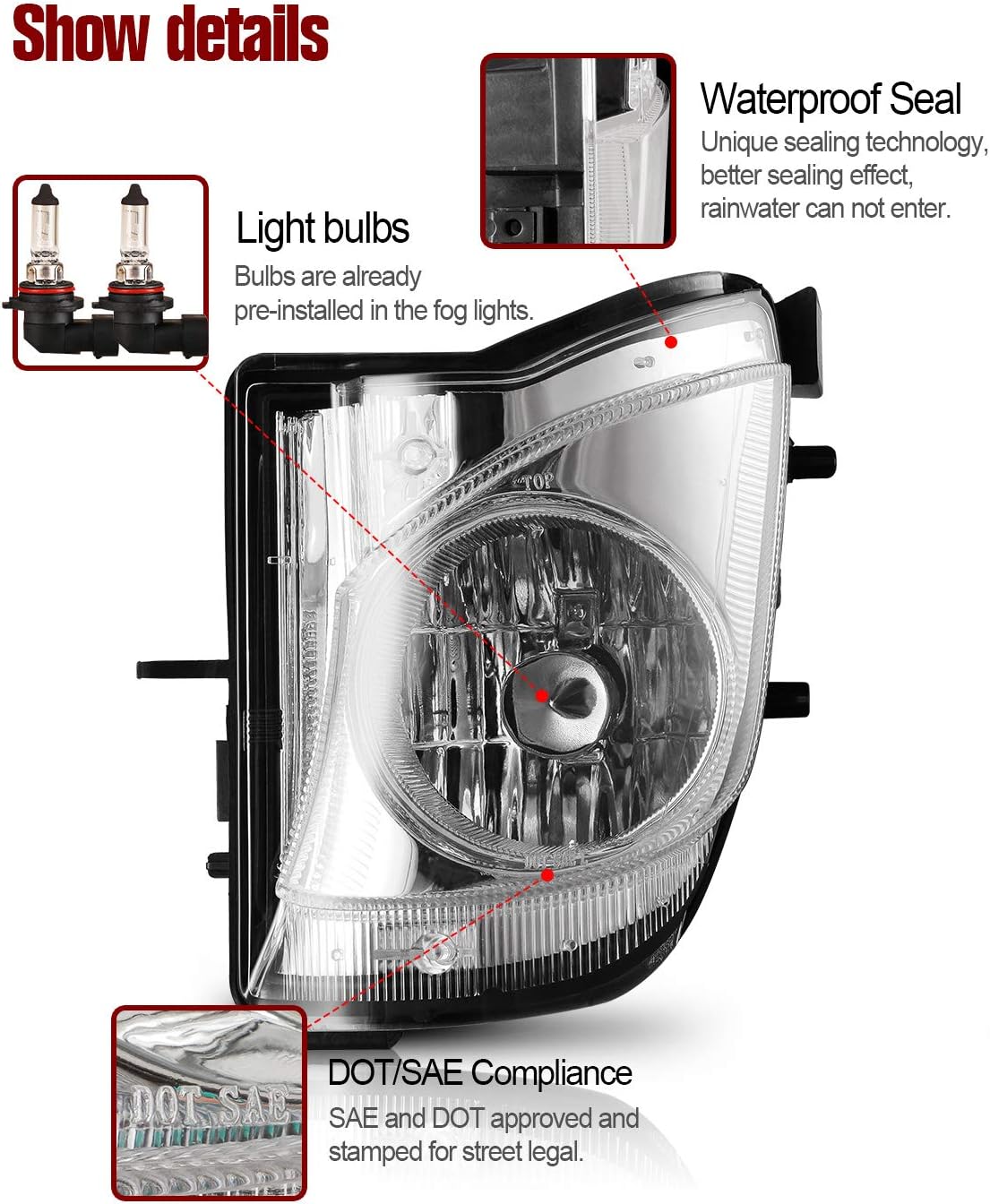 Close-up of AUTOWIKI Fog Light showing light bulbs, waterproof seal, and DOT/SAE compliance stamp.