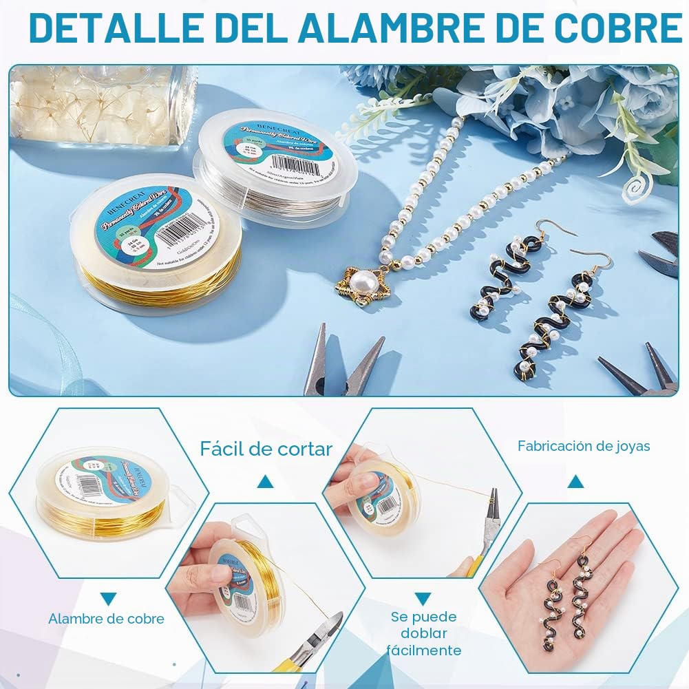 BENECREAT 60m 0.5mm Alambre de Cobre Cable Metal Alambre de Joyería para Manualidad Dorado y Plateado Calibre 24, 30m/Rollo, 2 Rollos