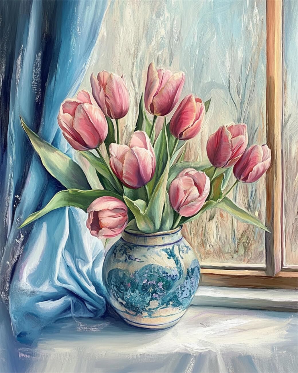 AMBATTERY Flowers DIY French Embroidery Kit with Beads Pink Tulips Bead Embroidery Kit for Adults Needlepoint Tapestry Set Beaded Stitching 50x60cm