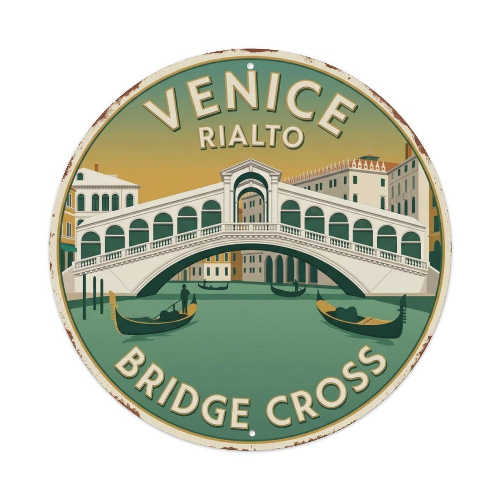 Rialto Bridge Cross Venice Landmark Metal Tin Sign Plaque Wall Decor for Cafe, Club Bar, Office, Home Garden Round Metal Poster 8x8Inch