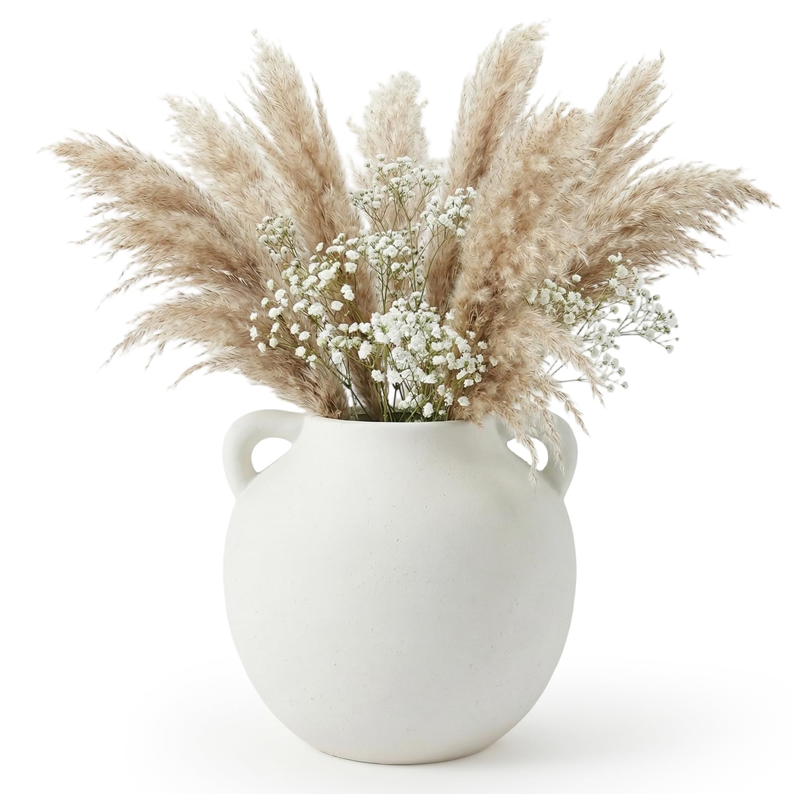 5.5 Inch Ceramic Vase - Small Vase Cream White Rustic Flower Farmhouse Vases Bohemian Pottery Terracotta Vases with 2 Handle Round Ornaments for Bedroom/Living Room Decor for Table/Shelf