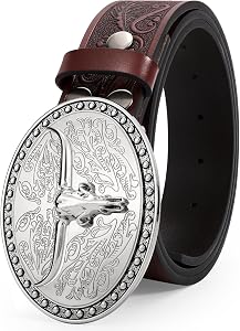 JASGOOD Western Leather Cowboy Belt for Men Women Longhorn Buckle Cowgirl Belt Floral Engraved Vintage Unisex Belt for Jeans