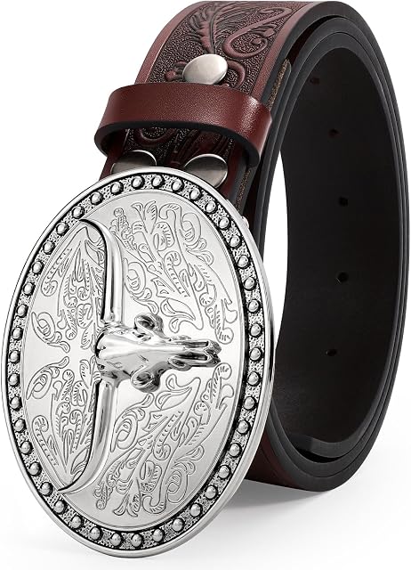JASGOOD Western Ceinture de cowboy en cuir pour hommes femmes Longhorn Buckle Ceintre de cockgirl Floral gravé Vintage Ceintures unisexe pour Jeans