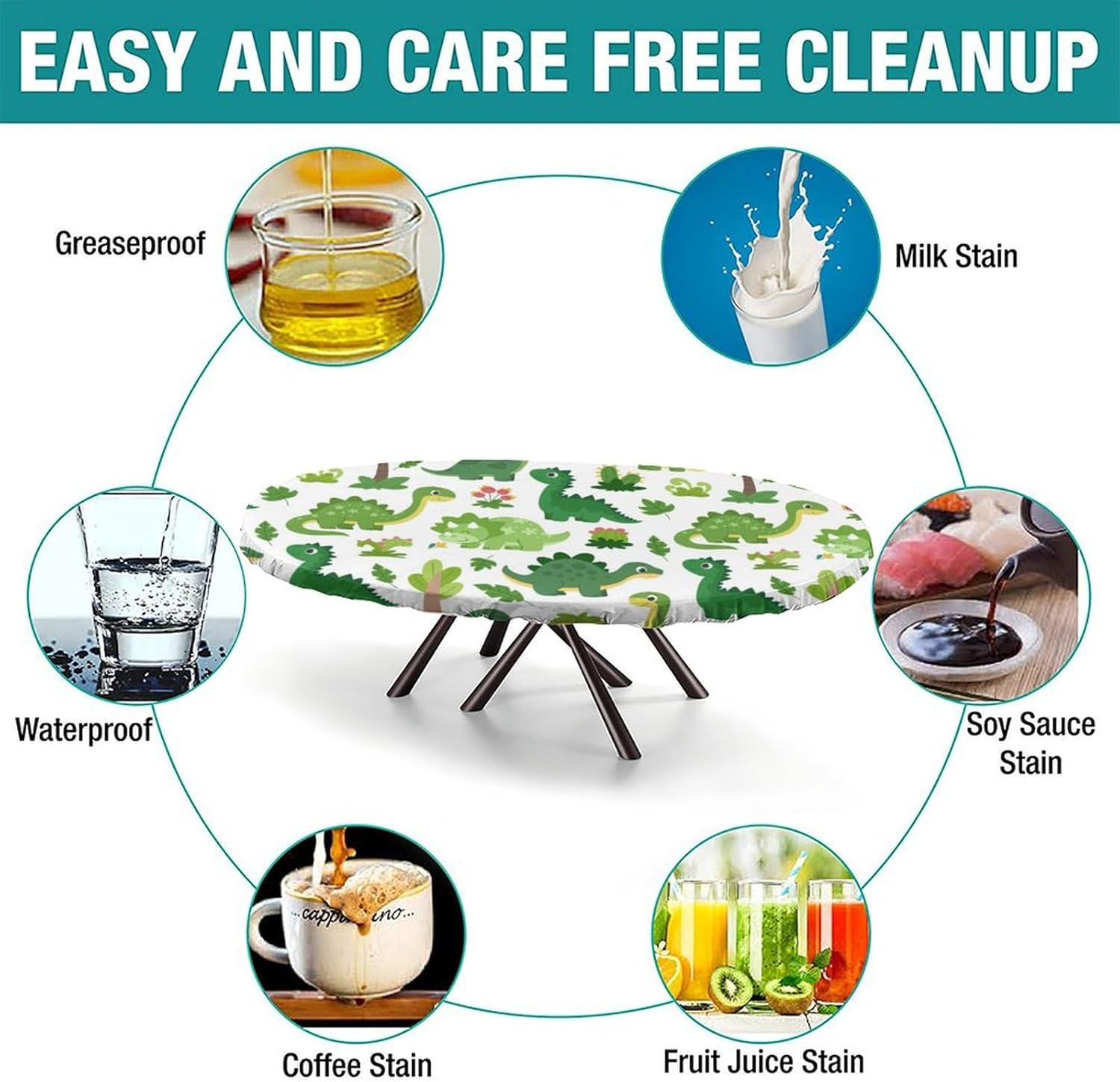 Oval Fitted Polyester Tablecloths, Cartoon Dinosaur Elastic Edge Decorative Tablecloths, Waterproof Stain Resistant Table Cover for Family Festival Party Use, Fits for 48" x 68" Oval Table