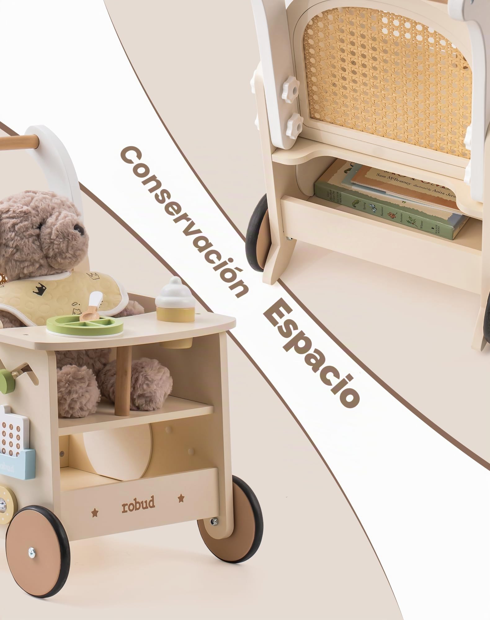 ROBUD Andador de madera 2 en 1 con muñeco, actividad Montessori, freno de seguridad y juguete para motricidad infantil