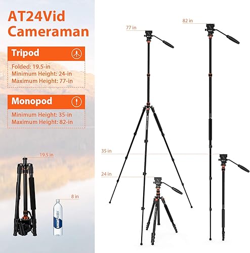 Miniatura 2 de GEEKOTO Trípode de video con cabezal fluido, trípode profesional para cámara réflex digital, monopie de aluminio de 77 pulgadas para videocámara