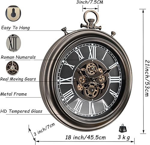 Miniatura 2 de Reloj de pared grande original Moving Gear de 18 x 21 pulgadas reloj de bolsillo industrial vintage steampunk rústico decoración de granja para sala