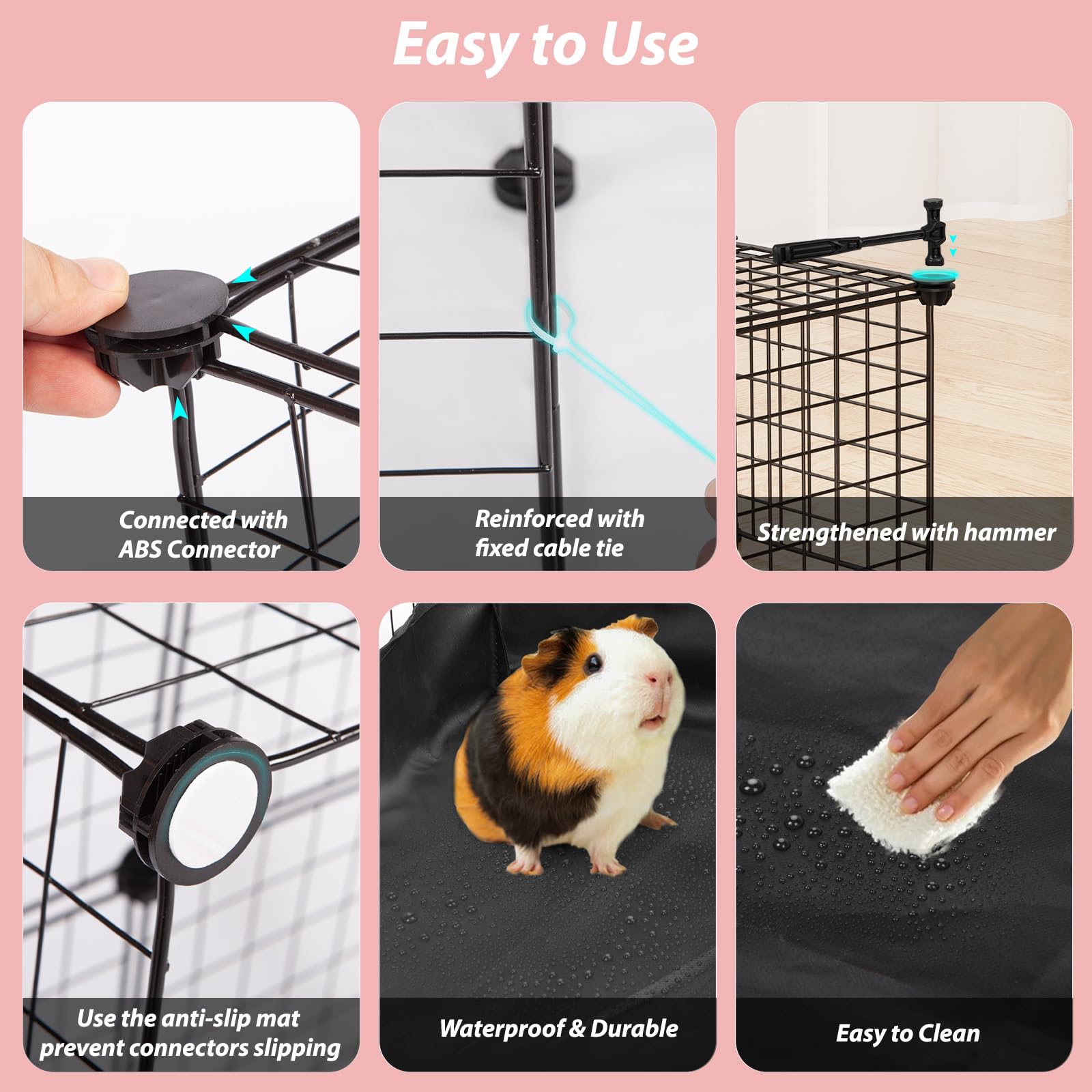 Kleintier-Laufstall mit wasserdichter Matte, Meerschweinchenkäfig, 125 x 62,5 x 31 cm, C&C-Käfig für Hamster, Kaninchen, Igel, Chinchilla, Frettchen, drinnen und draußen, tragbarer Metalldraht