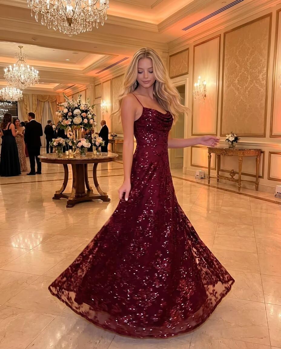 Lace Sequins Prom Dress 2026 for Women Long Cowl Neck Spaghetti Straps Pleated A-Line Formal Evening Ball Gown - Image 3