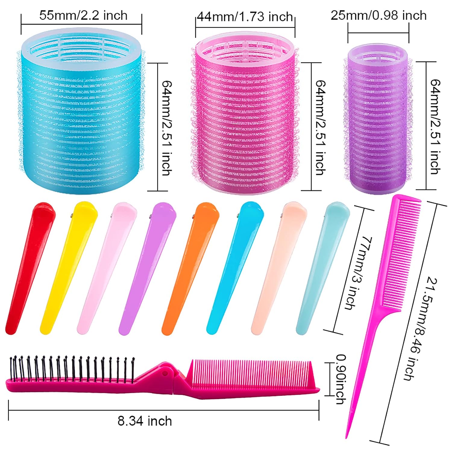 SIQUK 50 Pcs Self Grip Hair Rollers and Clips Set Including 36 Pcs Hair Rollers 12 Pcs Colorful Plastic Alligator Clips a Foldable Pocket Comb and a Tail Comb for Women and Girls(3 Colors, 3 Sizes)