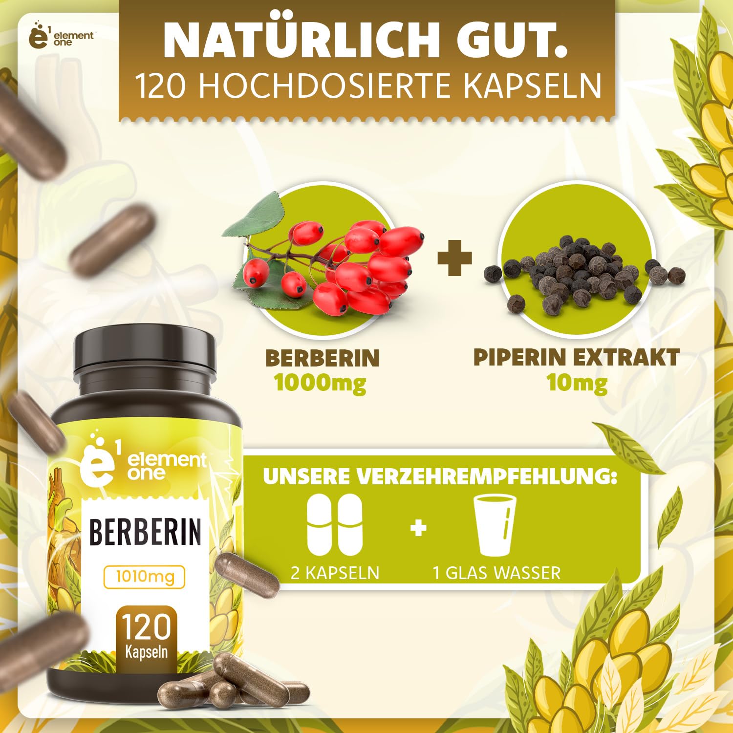 Element One Berberine HCL 500mg + 5mg Piperin, 120 Kapseln Berberin Extrakt - Optimale Bioverfügbarkeit - Berberin-Komplex