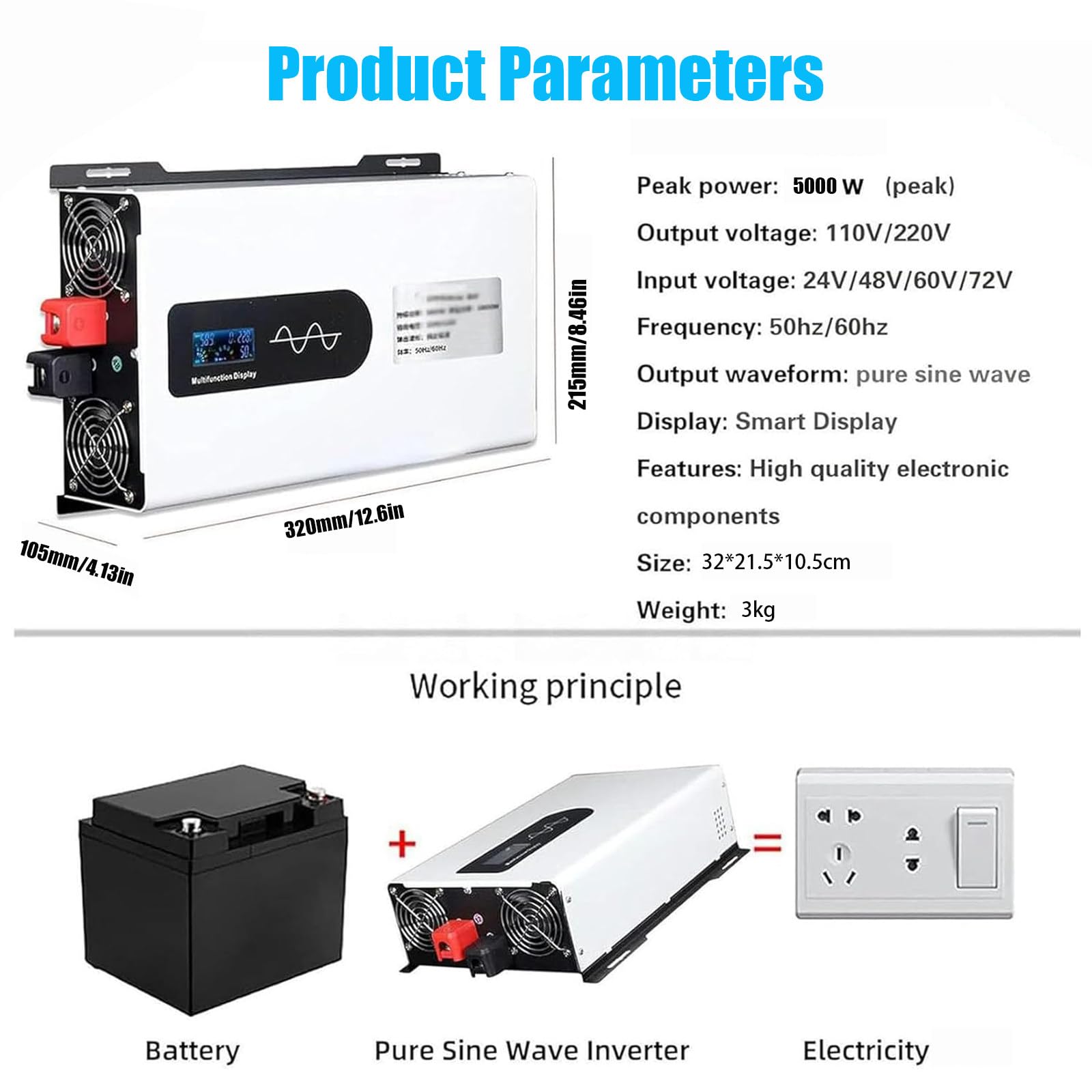 Inverter Solare Ibrido da 5000 W, Convertitore da CC 12/24/48 V a Ca 110 V/220 V con Uscita a Onda Sinusoidale Pura, Inverter in Parallelo, per Accumulo di Energia Domestico 48V