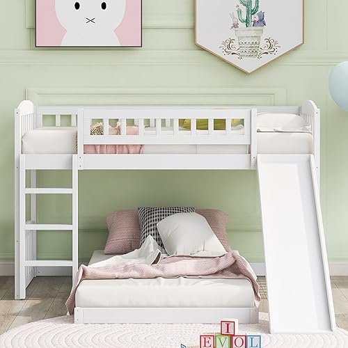 Miniatura 20 de Harper & Bright Designs Cama baja de tamaño individual con tobogán y escalera, cama alta junior para niños, cama alta de madera individual para